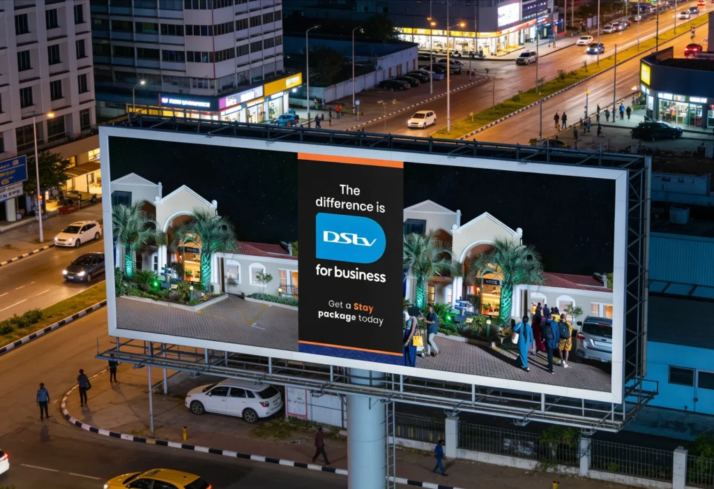 DStv business billboard overlooking busy city street at night