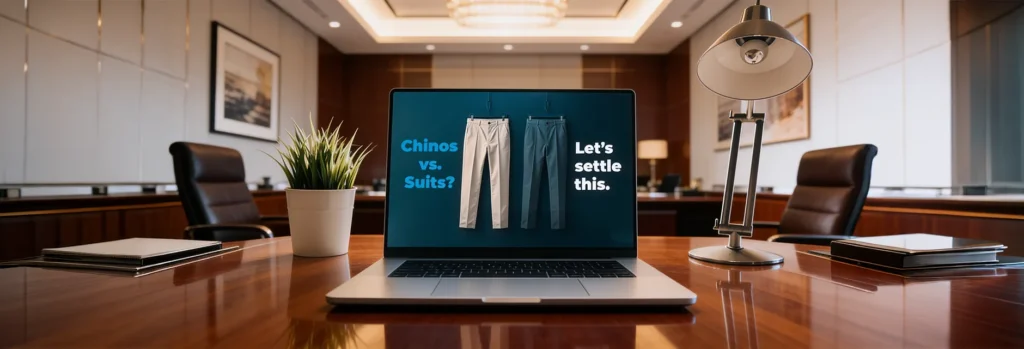 Laptop displaying chinos versus suits comparison in executive office