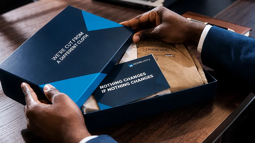Man opening branded clothing box containing folded trousers