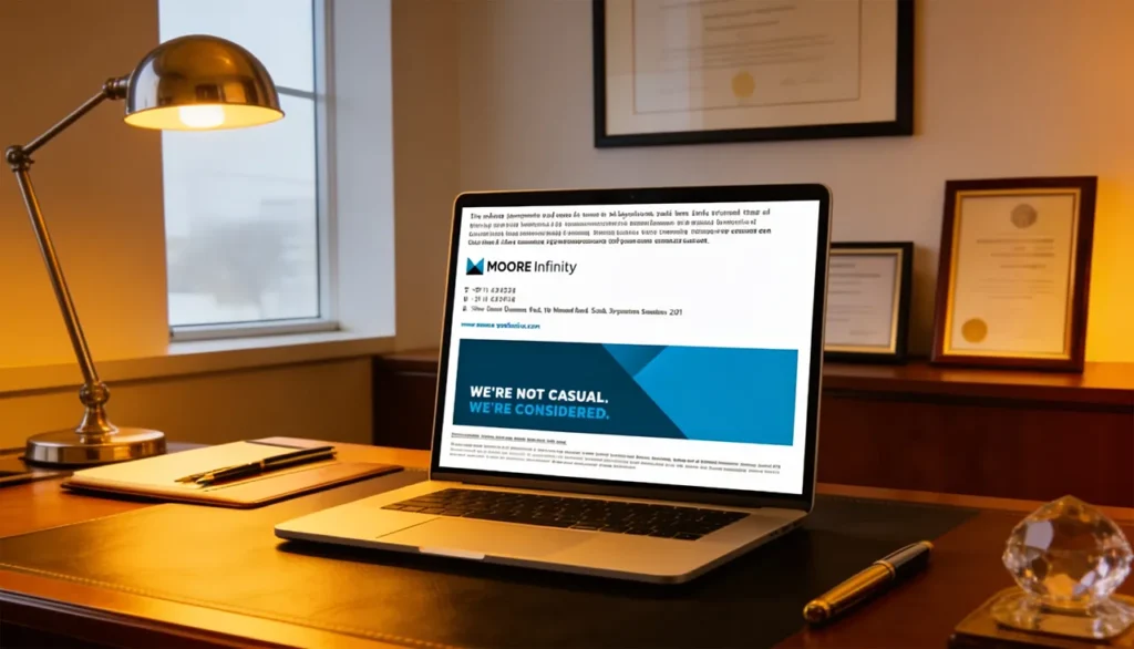 Laptop displaying Moore Infinity website on executive desk