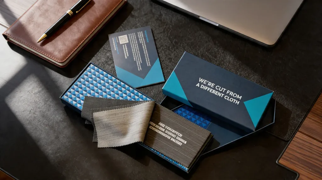 Fabric swatches and branded cards on a desk