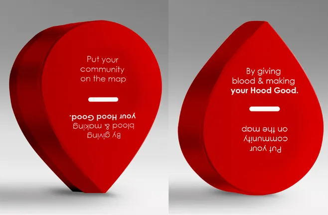 Red blood donation teardrop signs with community messages