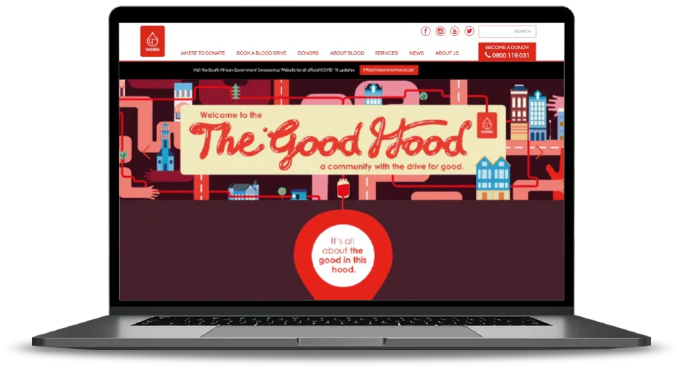 Laptop displaying SANBS Good Hood blood donation community website