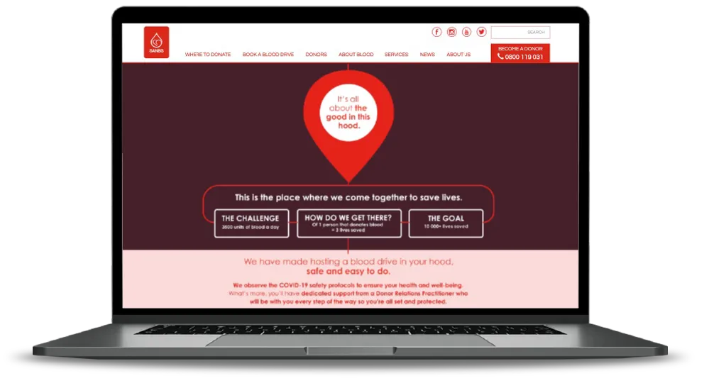 Laptop displaying South African blood donation website