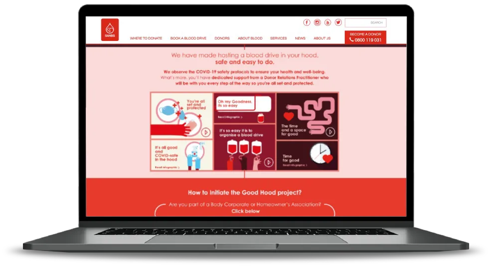 Laptop displaying South African blood donation campaign webpage