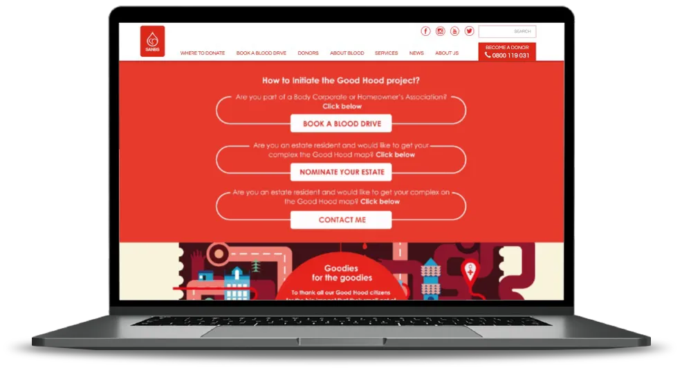 Laptop displaying SANBS Good Hood blood donation webpage