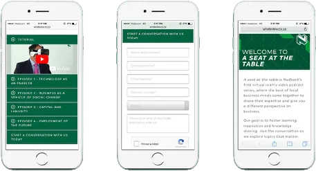 Three smartphone screens showing a responsive website interface